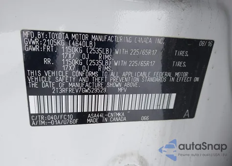 2016 Toyota Rav4 Xle из США, поврежденный, VIN 2T3RFREV7GW529529